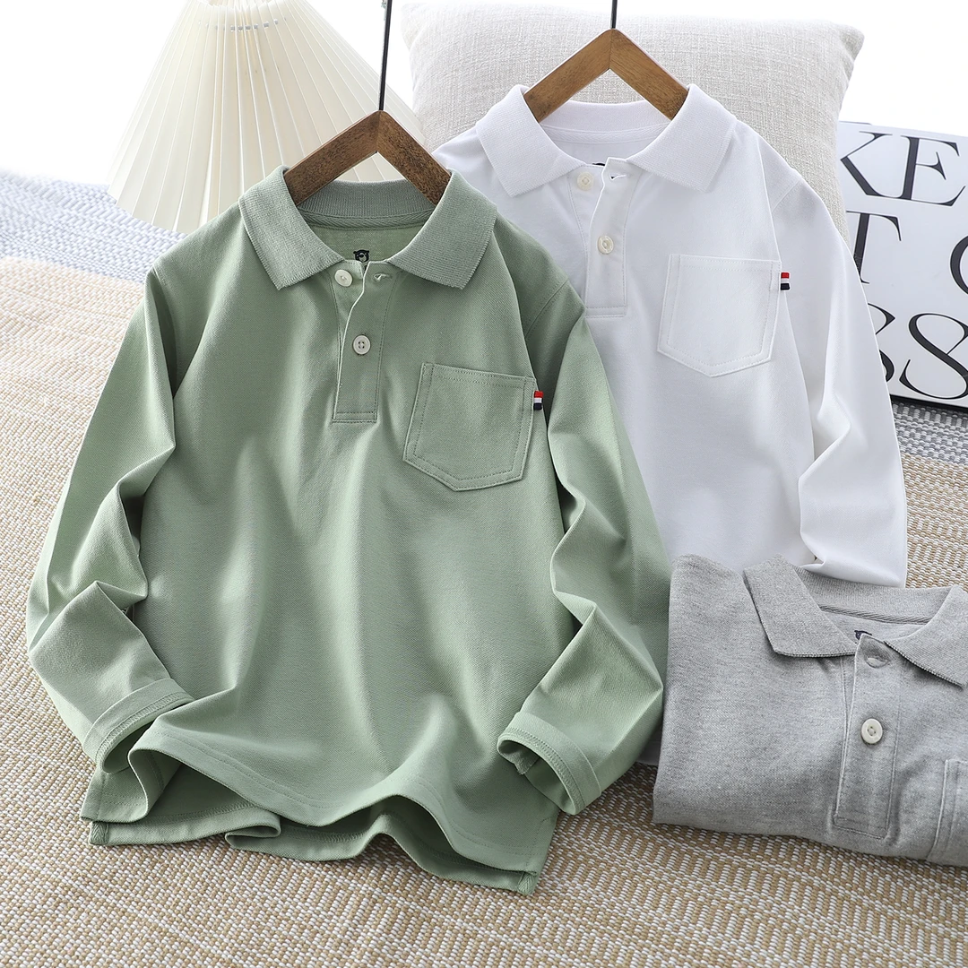 儿童春季新款口袋净版休闲polo衫中大童翻领男童打底衫XZ616