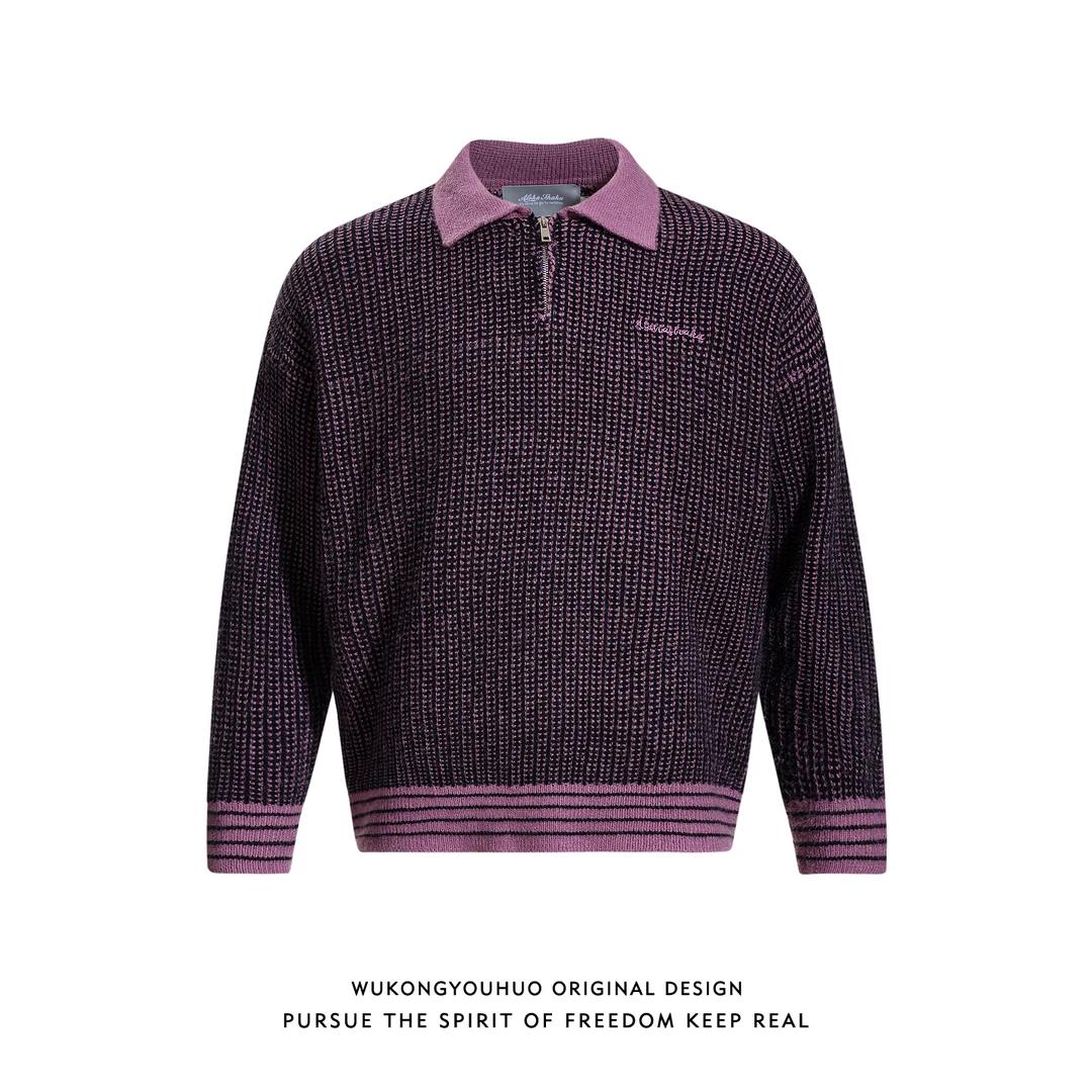 悟空有货潮牌美式半拉链撞色翻领毛衣男女复古cleanfit宽松针织衫