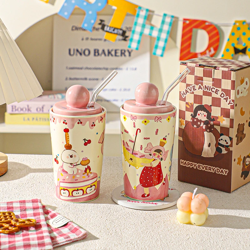 舍里可爱马克杯女带盖陶瓷咖啡杯家用高颜值水杯实用生日礼物杯子