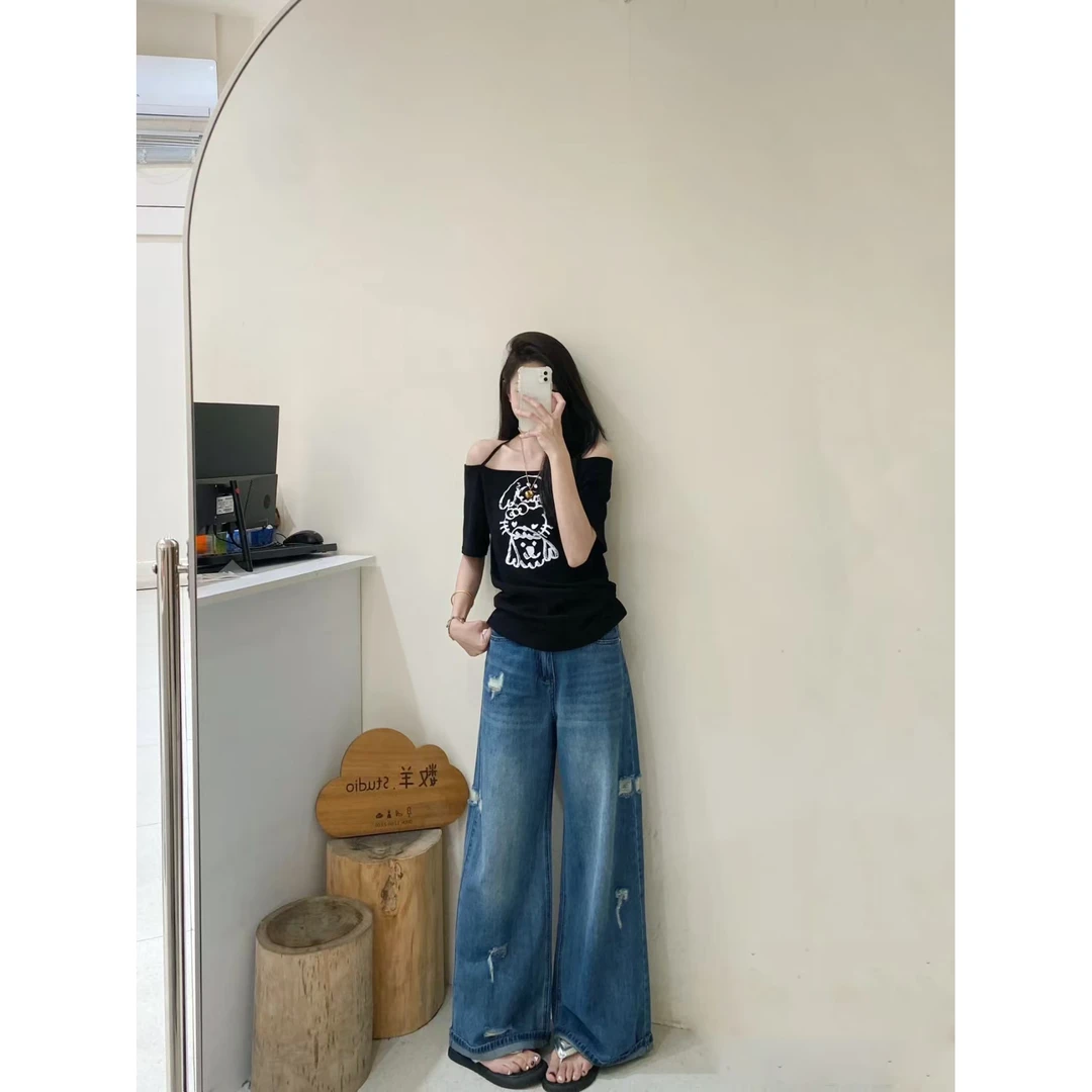 2025夏季新款高腰复古破洞垂感牛仔裤女小众显瘦宽松休闲拖地长裤