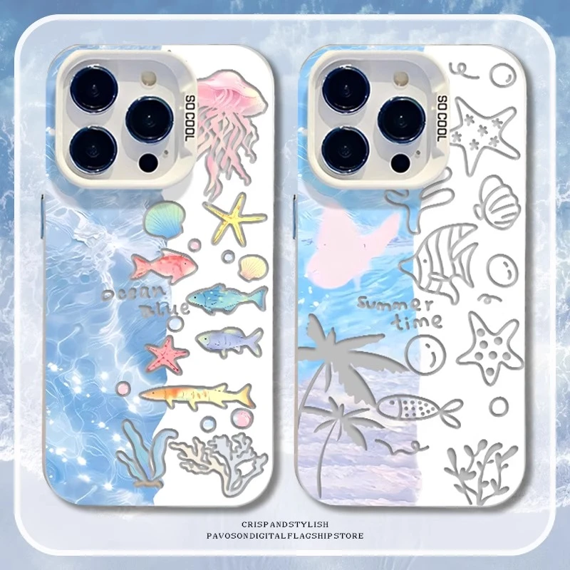 海洋鱼群手机壳适用苹果15/16promax华为小米15vivoOPPO磨砂彩银