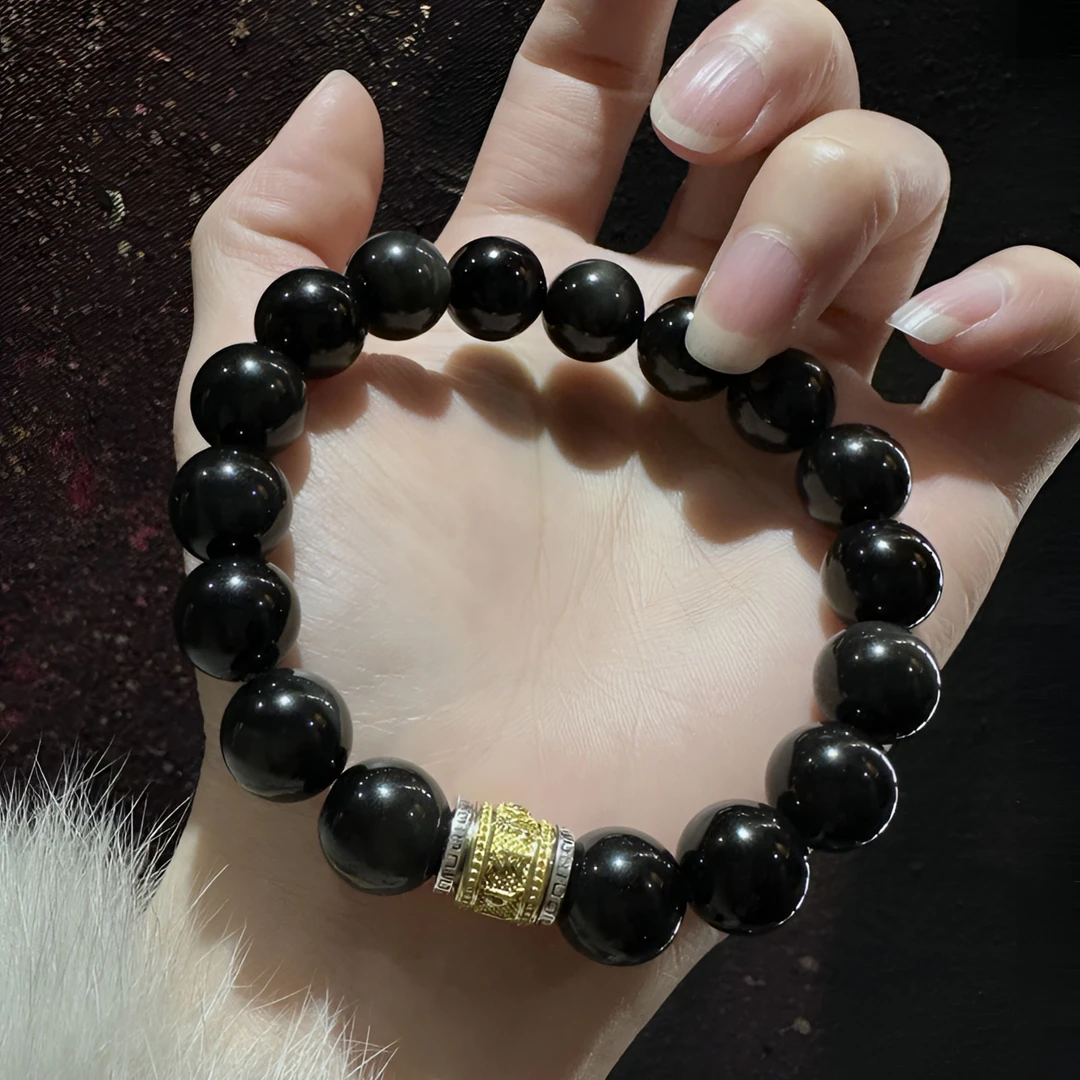 925银手链 YNR曜瞳 镀k金（12mm)天然黑曜转运珠招财单圈手串