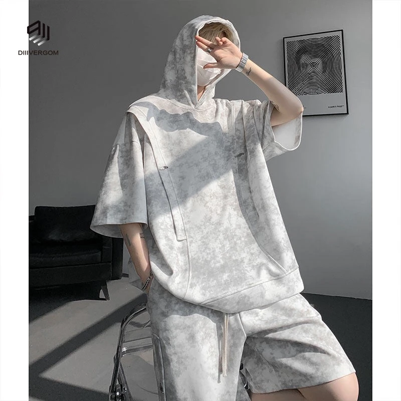 DIIIVERGOM休闲连帽两件套设计感高质感套装男圆领情侣恤短袖短裤