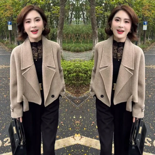 抖音网红2025秋冬新款高级炸街爆款优雅毛呢女装短西装领洋气外套