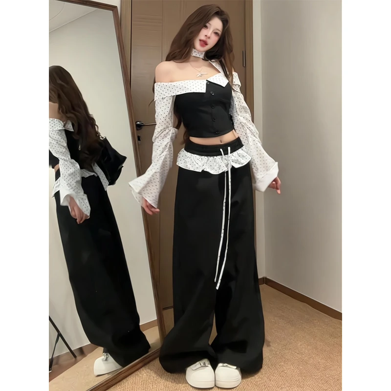 2025新款女士早秋季慵懒一字肩抹胸韩系芭蕾风波点长袖上衣阔腿裤