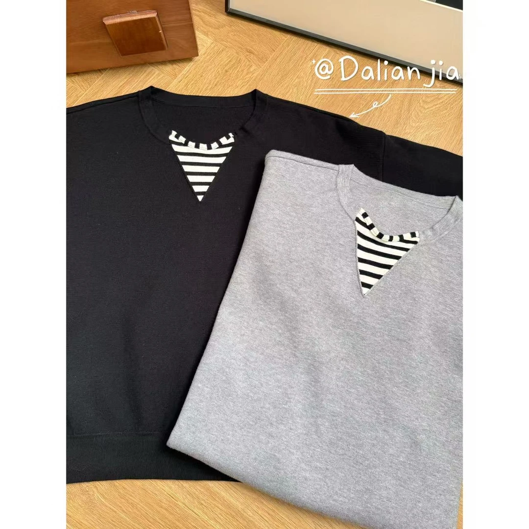 晶咕佳佳【航行家】韩版简约百搭条纹上衣针织时尚休闲宽松圆领套头