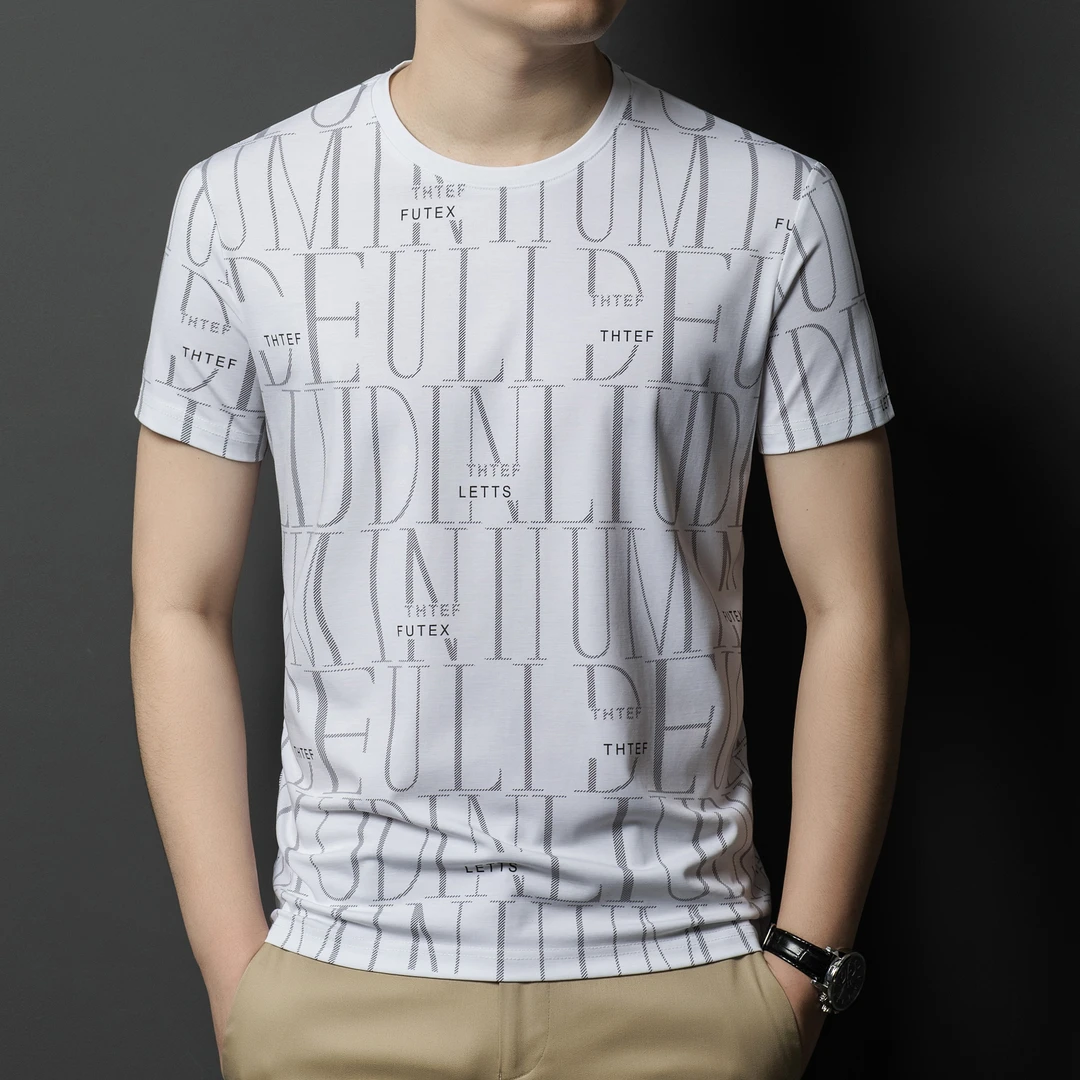 皮尔卡丹桑蚕丝短袖T恤男圆领夏季新款百搭印花体恤衫青中年半袖