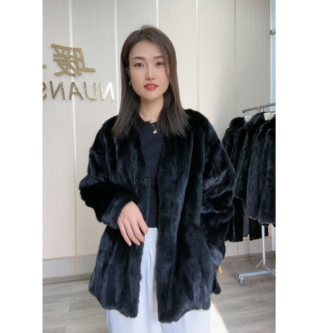 海宁水貂裘皮V领气质女装外套