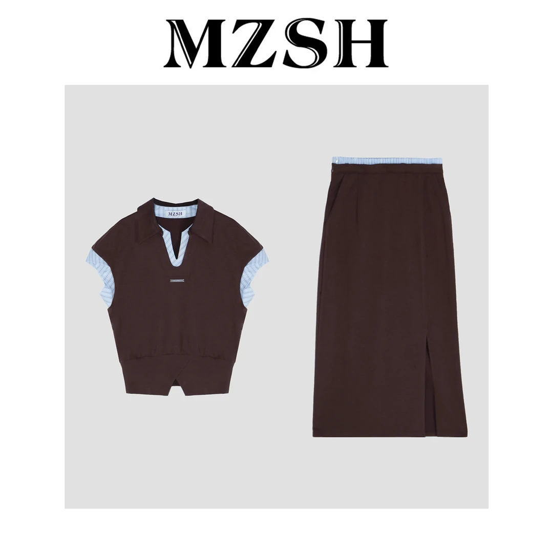 【MZSH】80棉20莱赛尔 撞色条纹衬衫拼接假两件POLO领套装