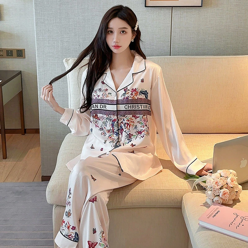 睡衣女春秋季新款冰雪丝高级感轻奢气质长袖印花家居服夏季套装