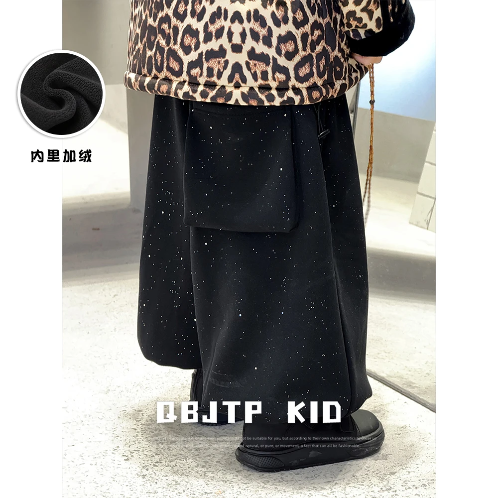 Q宝家童品12月新款 男童时尚卫裤冬季加绒阔腿裤子儿童百搭休闲裤