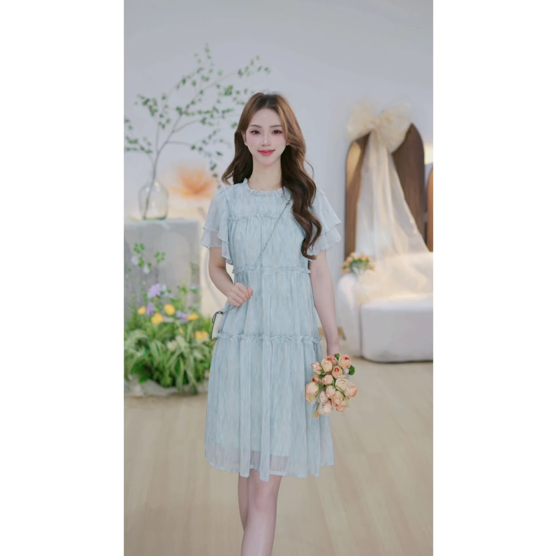 【月珑轻纱A】垂感木耳边温柔显白蛋糕裙宽松显瘦遮肉韩版连衣裙