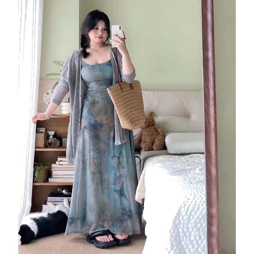 【3695人好评】特大码200斤微胖妹妹蝴蝶油画印花吊带长裙秋冬防晒