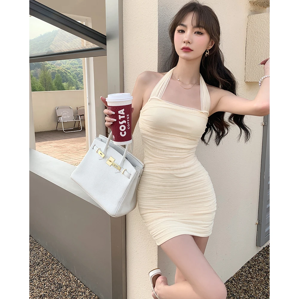 2025夏装新款纯欲风修身网纱挂脖吊带连衣裙女潮性感甜美包臀裙子