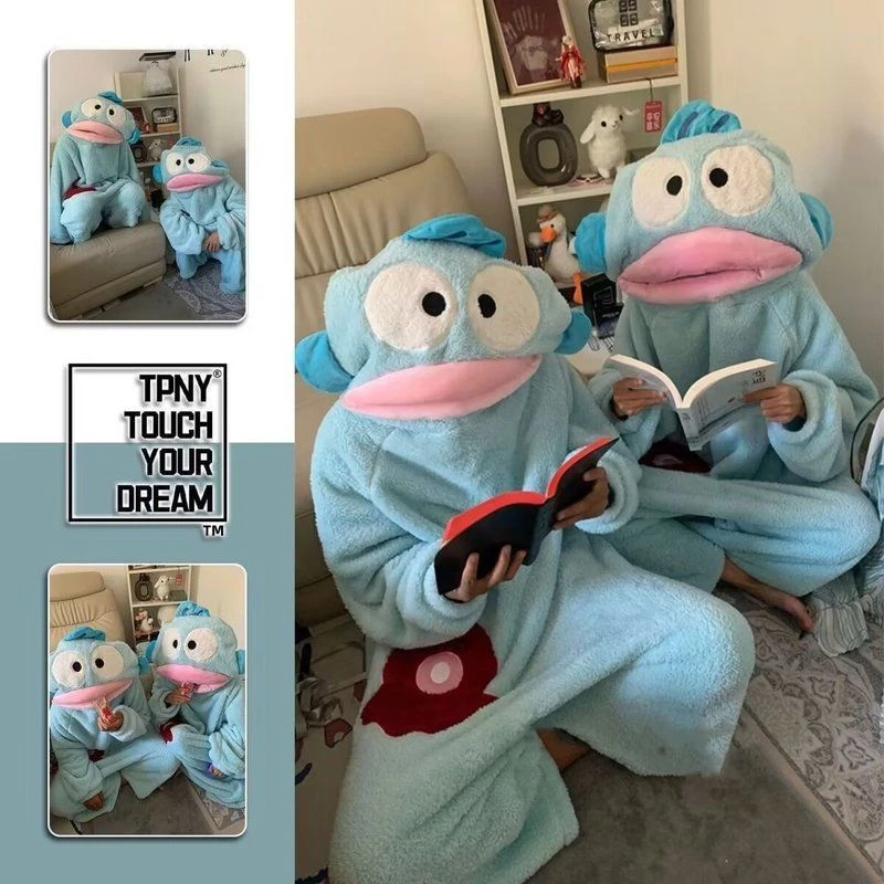 汉顿丑鱼连体睡衣女珊瑚绒加厚保暖鱼嘴睡衣冬季卡通搞怪情侣睡