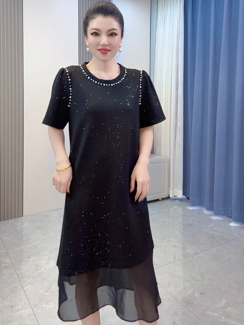 夏装新款宽松钉珠烫钻鱼尾连衣裙女时尚高级设计感轻奢百搭小黑裙