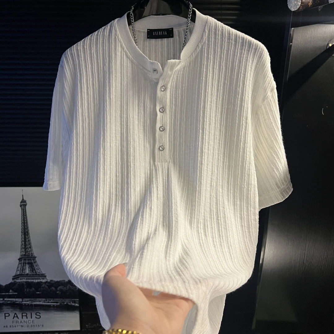 TQ-肌理褶皱软糯感宽松大码老钱风亨利领短袖t恤男宽松亨利领上衣