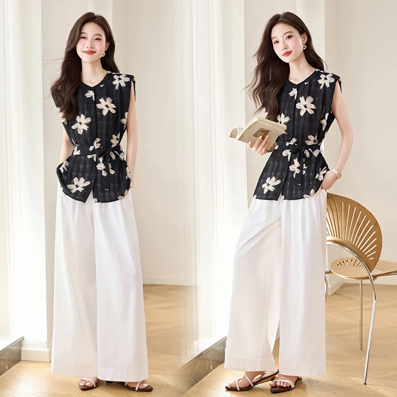韩系气质印花衬衫套装女2025夏季新款高级感系带收腰阔腿裤两件套