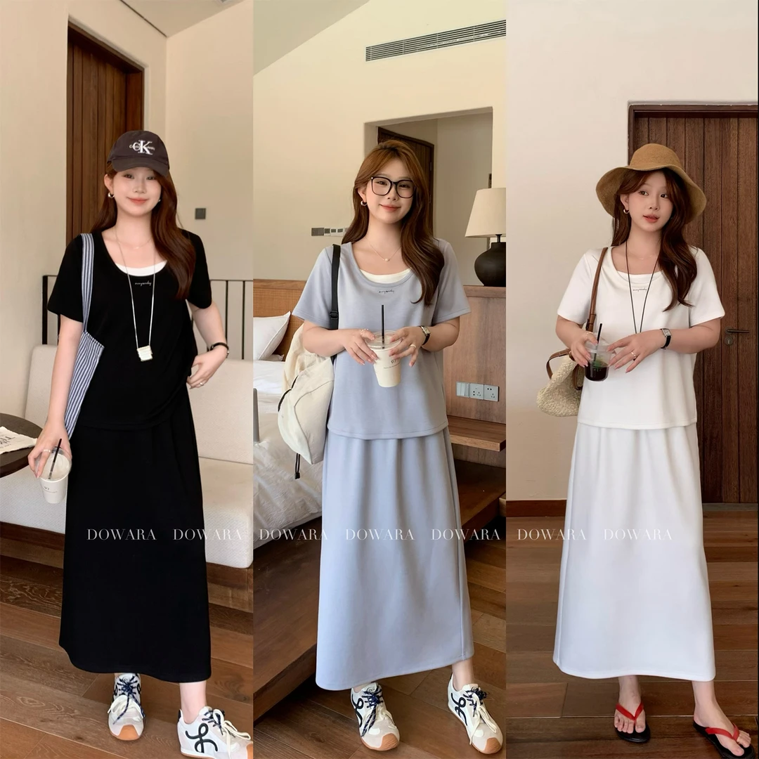 现货大婉酱微胖定制【面膜套装】INS风假两件减龄上衣半裙套装8051D