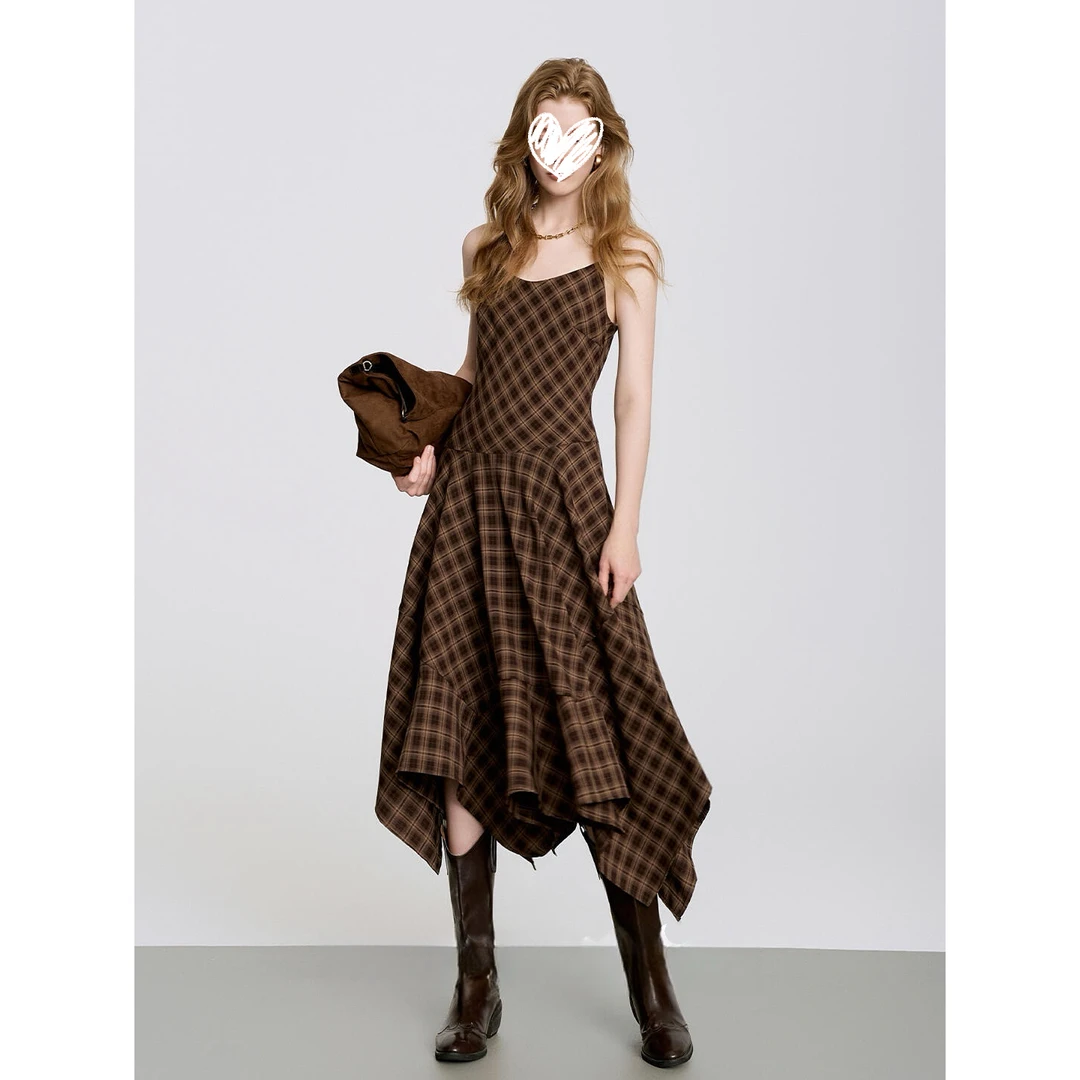 秋季美式复古不规则下摆吊带格纹连衣裙时髦洋气百搭长裙Y5170