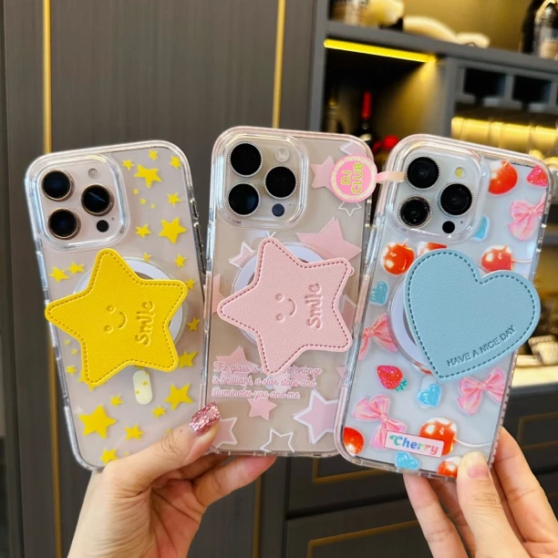 ins简约英文笑脸星星支架适用iphone16/13苹果磁吸手机壳硬背软边