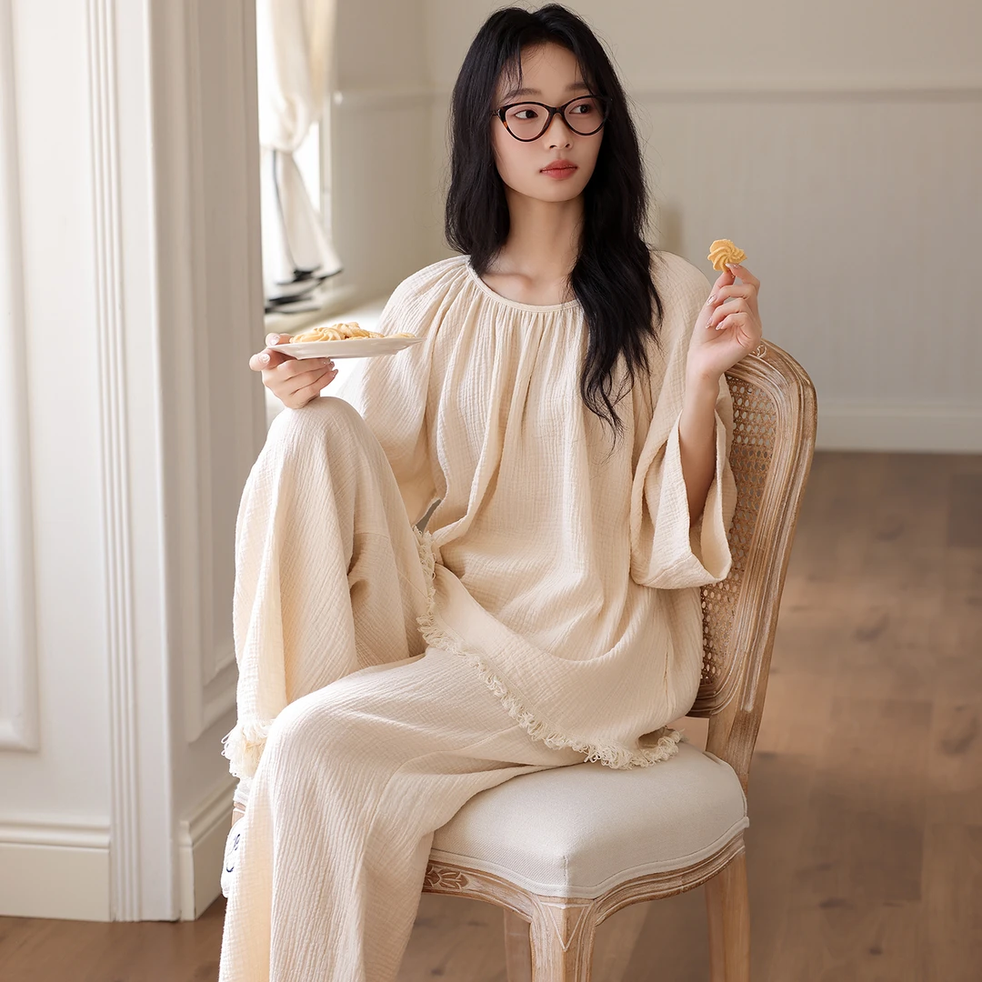 纯色女长袖长裤云朵棉睡衣春秋款舒适居家服套装