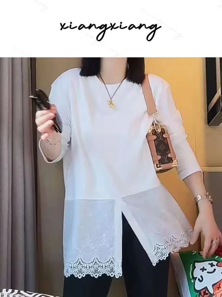 【香香专属】“筑梦花园”洋气蕾丝拼接开叉长袖T恤女内搭打底衫上衣