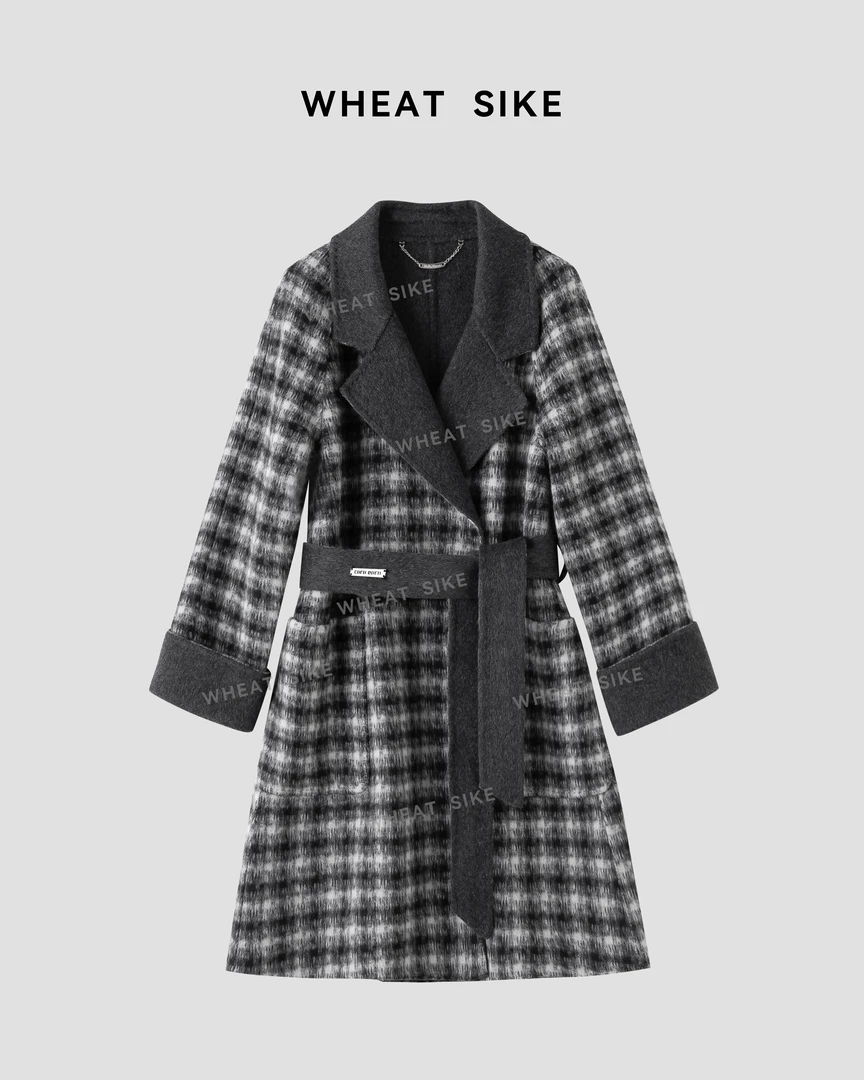 2025冬季千鸟格浴袍轻奢百搭款牦牛双面手工羊毛大衣中长款翻领