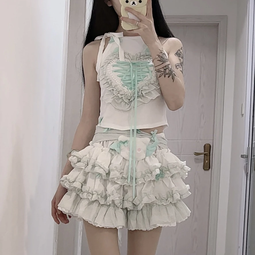 【春水煎茶】日系甜美可爱手作绑带爱心猫猫蛋糕裙套装（G-1264）