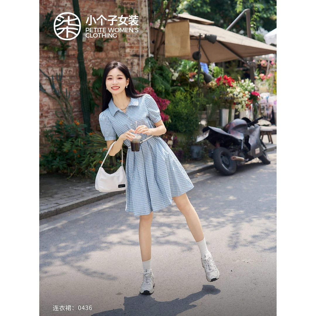 【柒量一裁】0436小个子蓝色格纹收腰连衣裙复古清新中长裙子配腰带