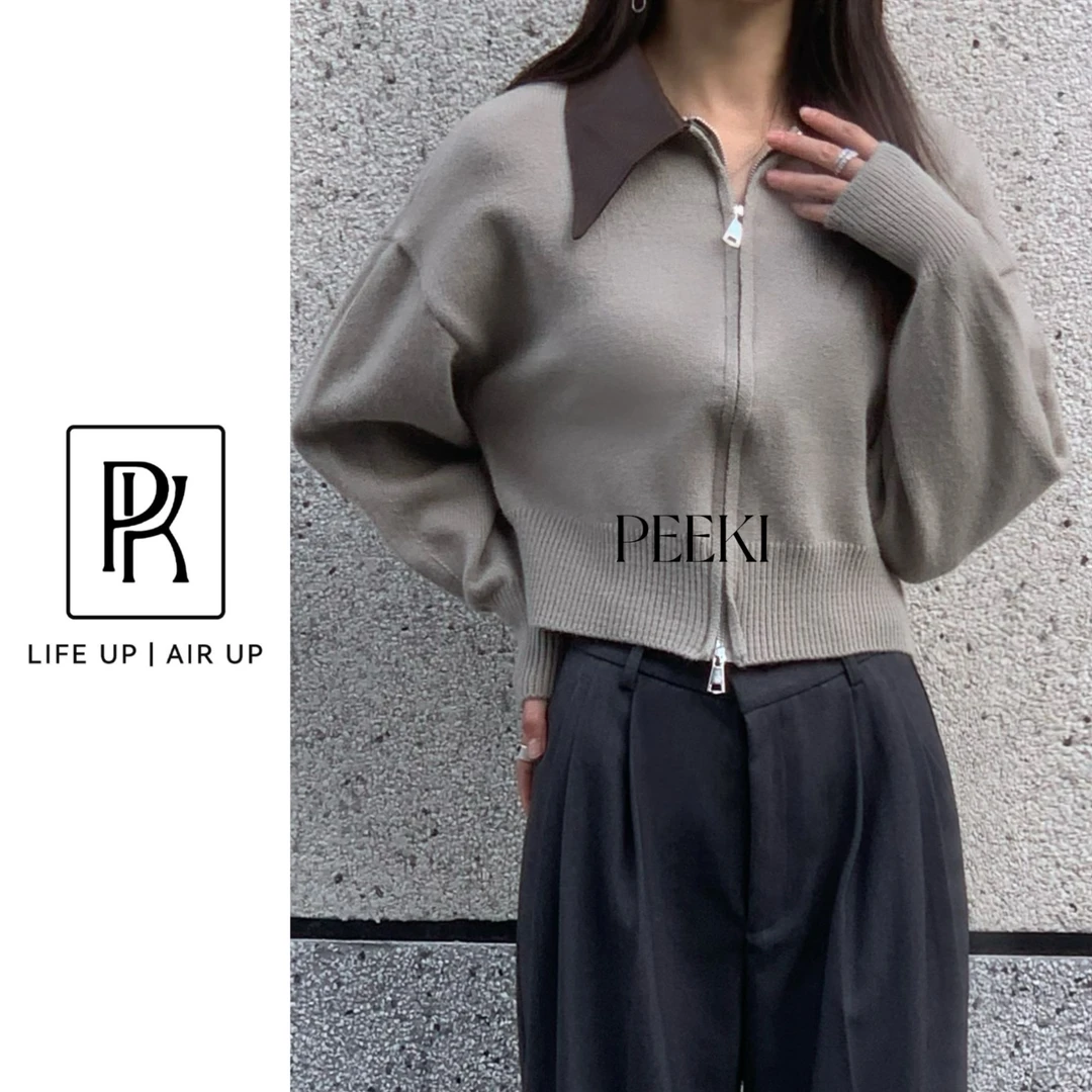 PEEKI/秋冬新款 设计感拼皮双拉链短款软糯针织外套/9358