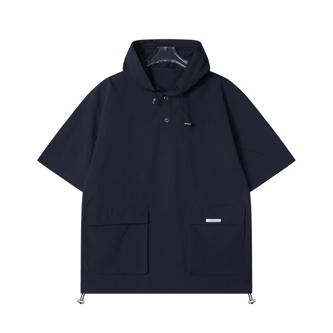 夏季高级感新款美式纯色松紧连帽短袖T恤口袋休闲时尚简约上衣