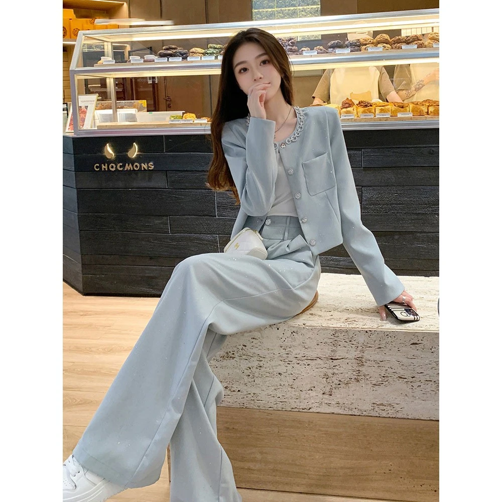 新款气质小香风休闲套装春秋款通勤气质名媛高端外套+阔腿裤套装