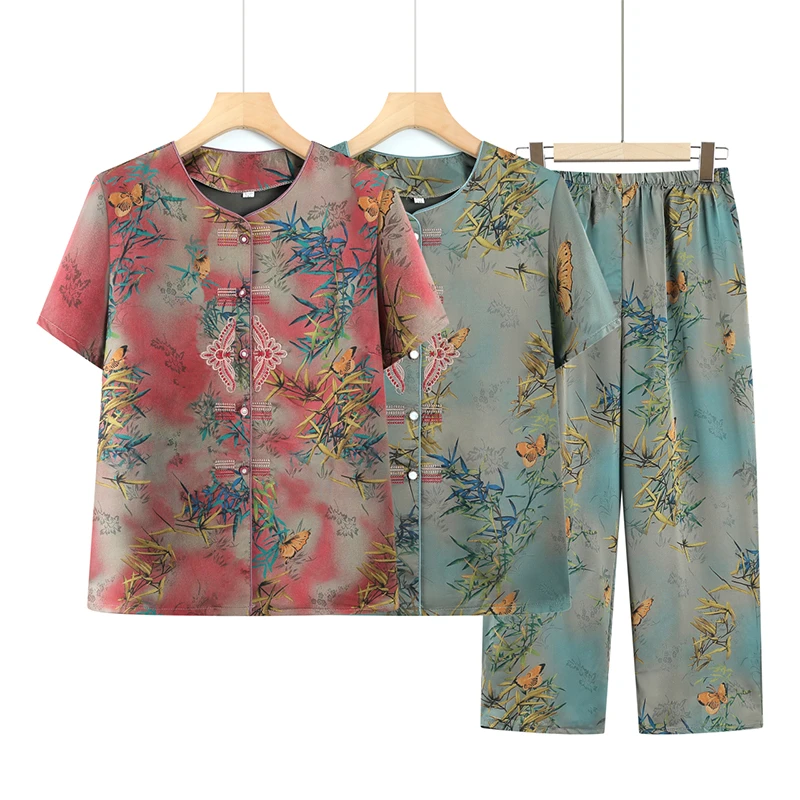 奶奶装短袖套装中老年人夏装女妈妈夏季衬衫老太太70岁80婆婆衣服