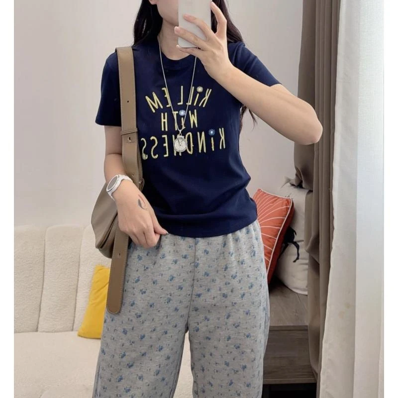 2025夏新款设计感刺绣字母短袖T恤女遮肉上衣DYY2847