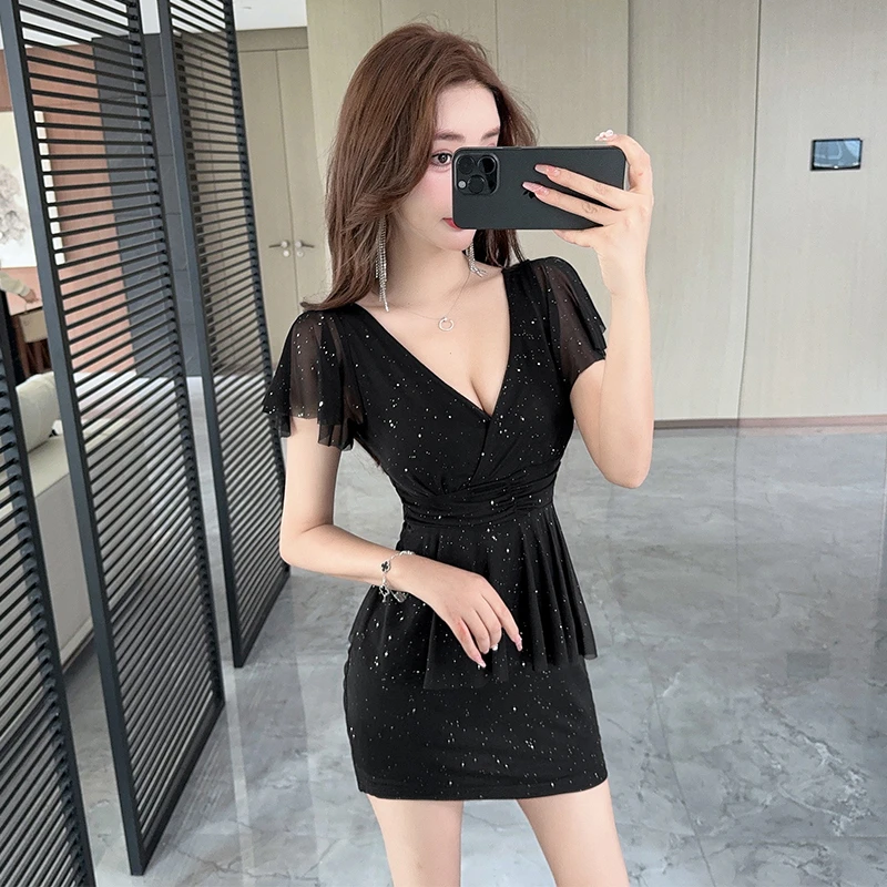 夜店性感V领网纱假两件包臀短裙气质紧身遮肚连衣裙夜场上班衣服