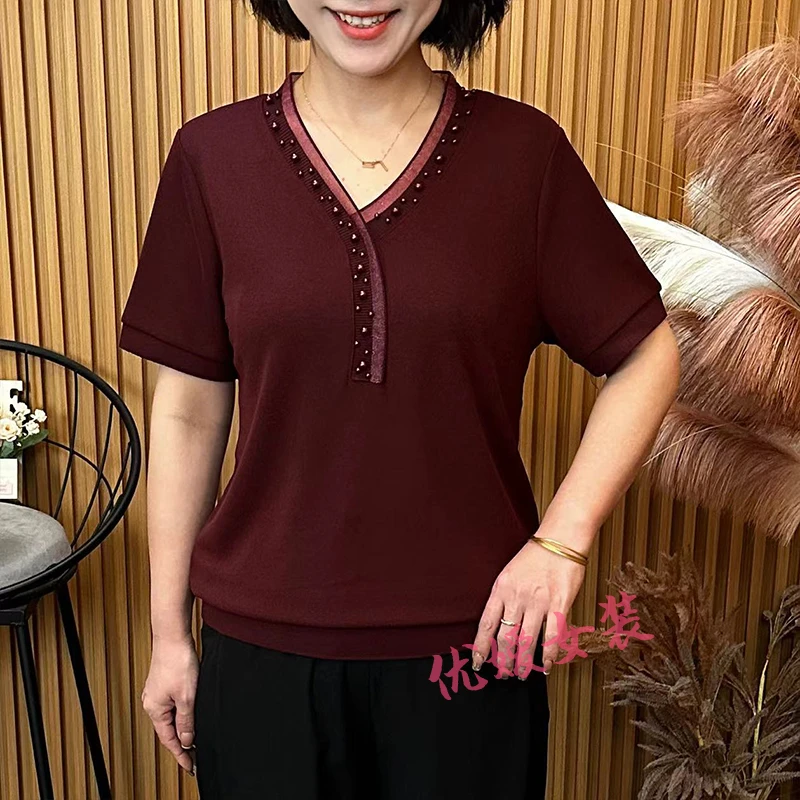 妈妈装夏季洋气纯色V领钉珠宽松显瘦百搭中老年女装短袖上衣A8828