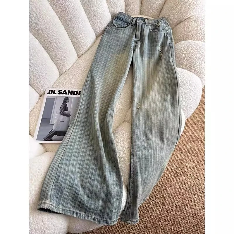 蓝色竖条纹牛仔裤男女夏季薄款阔腿裤宽松慵懒显瘦休闲提档阔腿裤