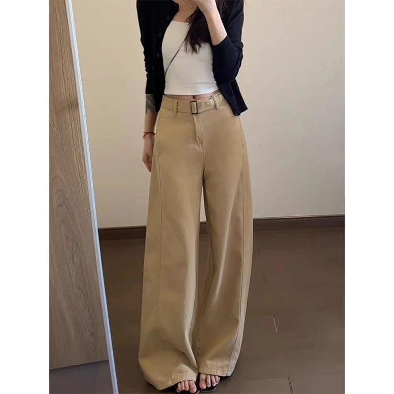 （现货+腰带）卡其色弯刀阔腿牛仔裤女春新款宽松显瘦休闲直筒长裤