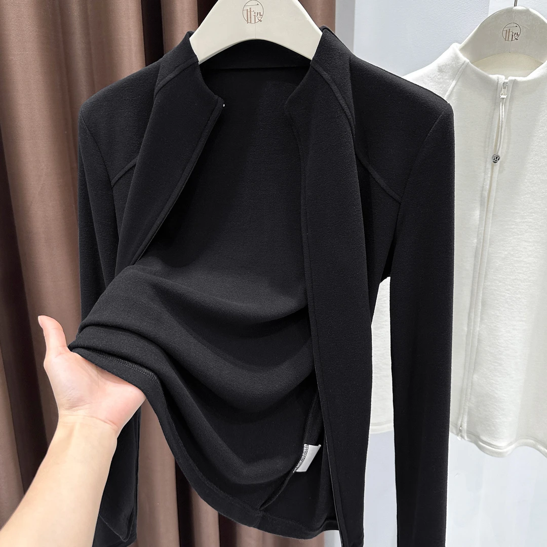 双头拉链设计长袖开衫外套黑色半高领上衣女秋冬外穿新款针织T恤