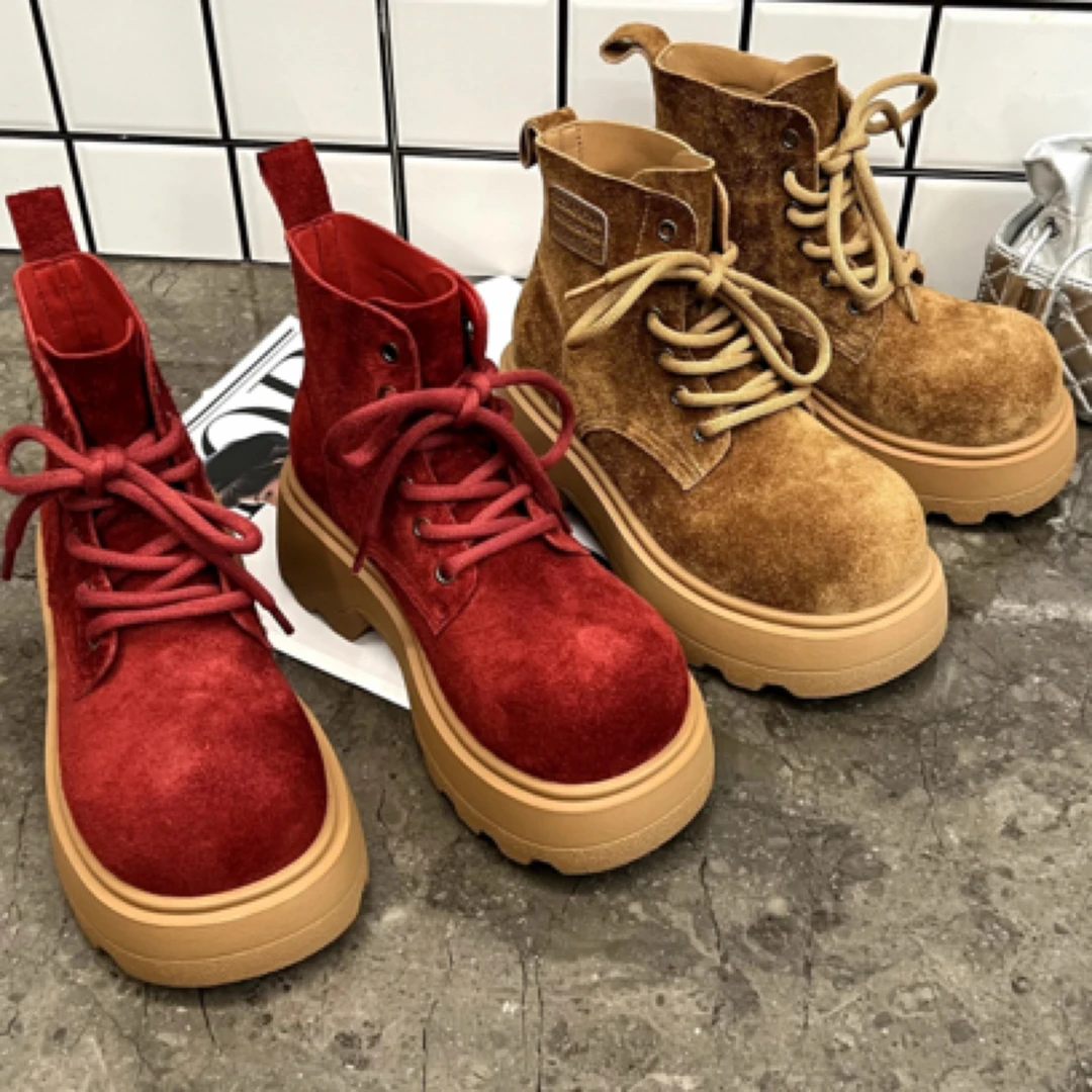 广州欧货【复古】秋季磨砂皮民族风中筒系带百搭潮流马丁靴