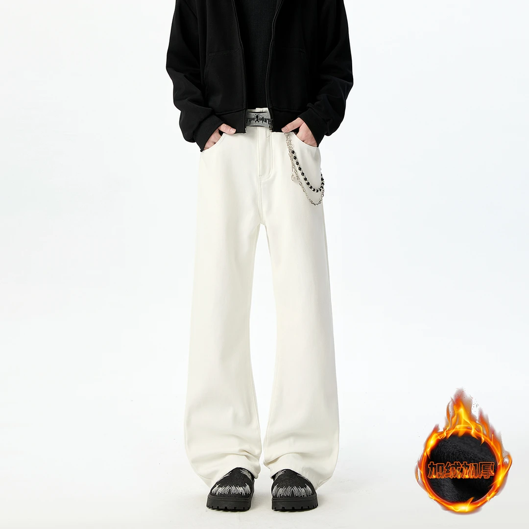 美式水洗复古弯刀白色微喇直筒加绒宽松牛仔长裤纯色潮流百搭男生