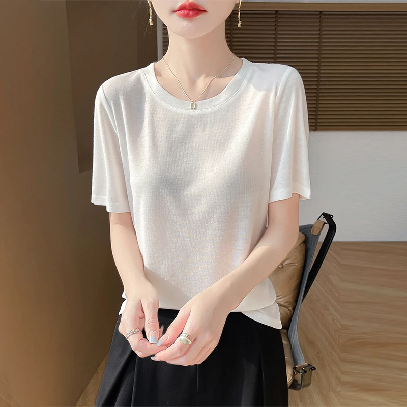 2025新款百搭舒适亲肤圆领软糯休闲云柔感针织宽松上衣T恤大码半