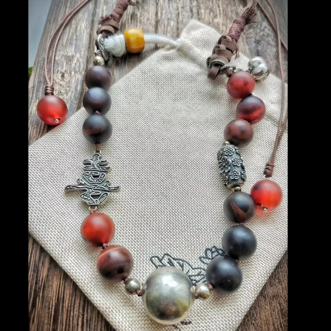 天然玛瑙老银项链