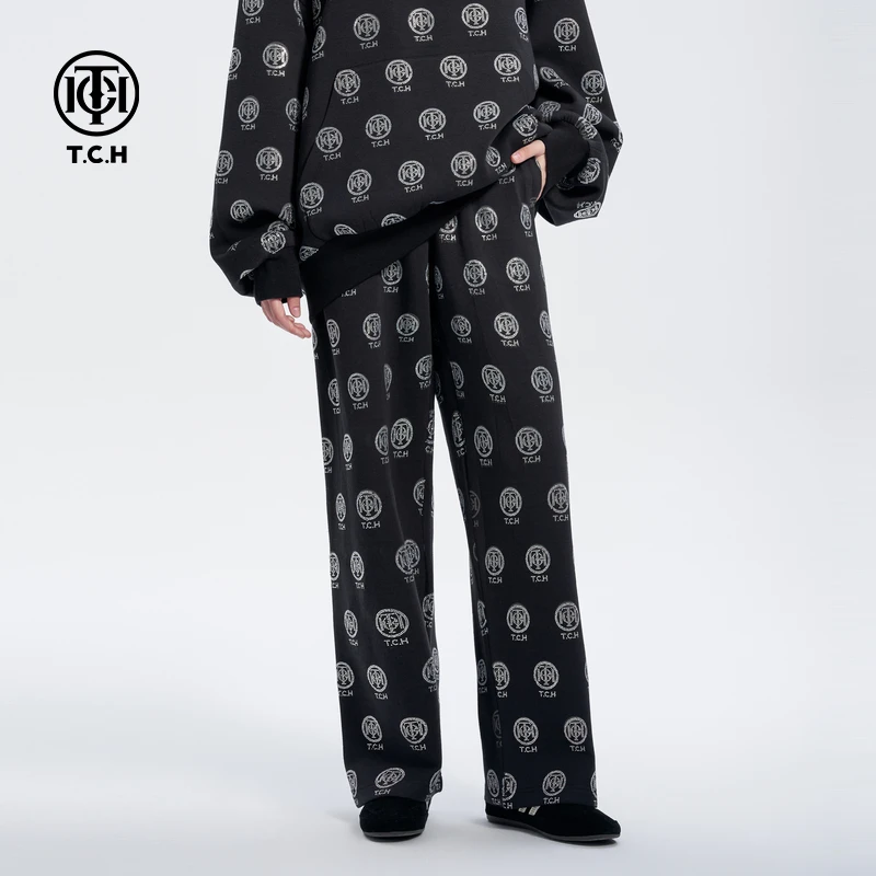 TCH轻奢烫钻工艺印花logo宽松阔腿情侣款休闲裤T72C206121私服tch