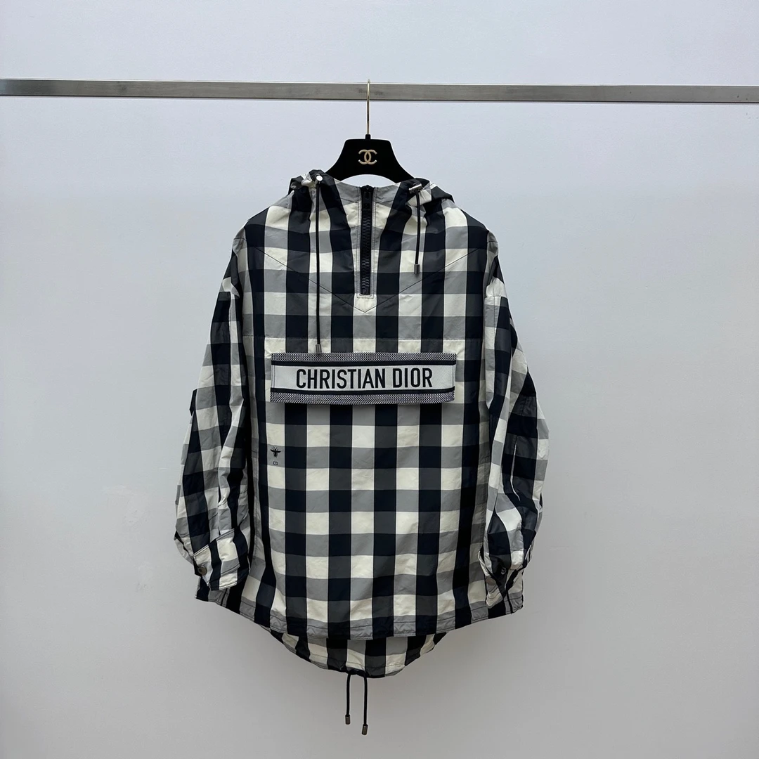 99新 DIOR/迪奥 字母印花半拉链宽松连帽格子夹克外套 xs码 02617