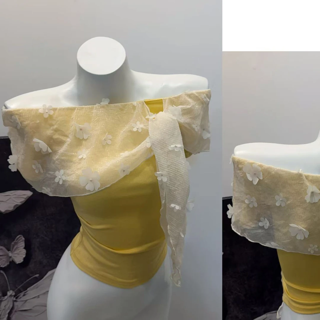 （浠儿家）2025新款夏季设计感小众短款黄色露肩一字肩上衣