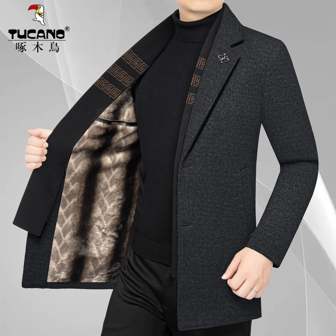 啄木鸟男士新款加绒加厚围巾领西服秋冬季保暖中长款西装男装潮流