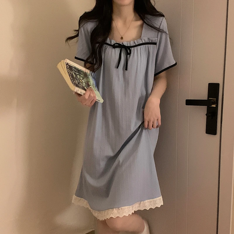 短袖睡裙女款夏季2025新款带胸垫宽松棉质性感蝴蝶结可爱女生睡衣