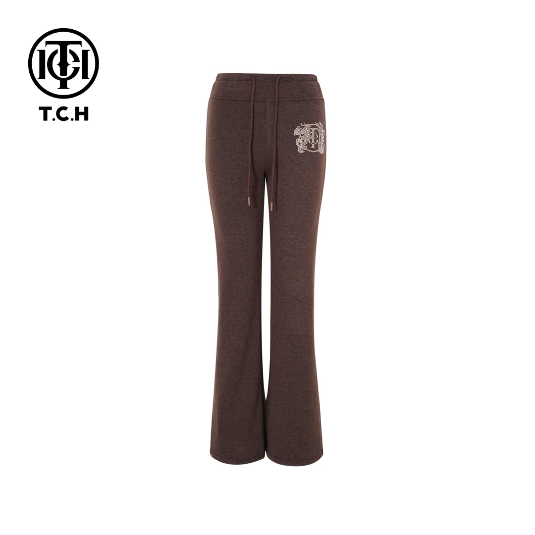 TCH 咖色显瘦休闲微喇烫钻百搭裤女T75D20E1175